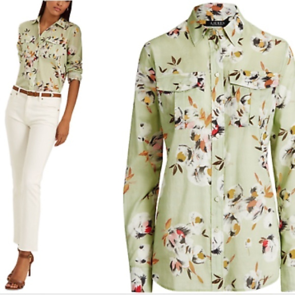 Lauren Ralph Lauren Cotton floral long sleeve top blouse sage